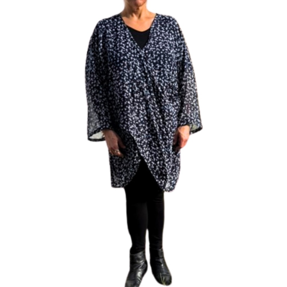 Jennafer Grace Star Print Blouse Navy White L/XL Semi Sheer Boho Top 3/4 Sleeve